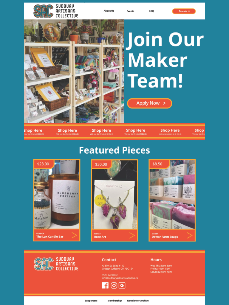 Figma Wireframe for Sudbury Artisan Collective website