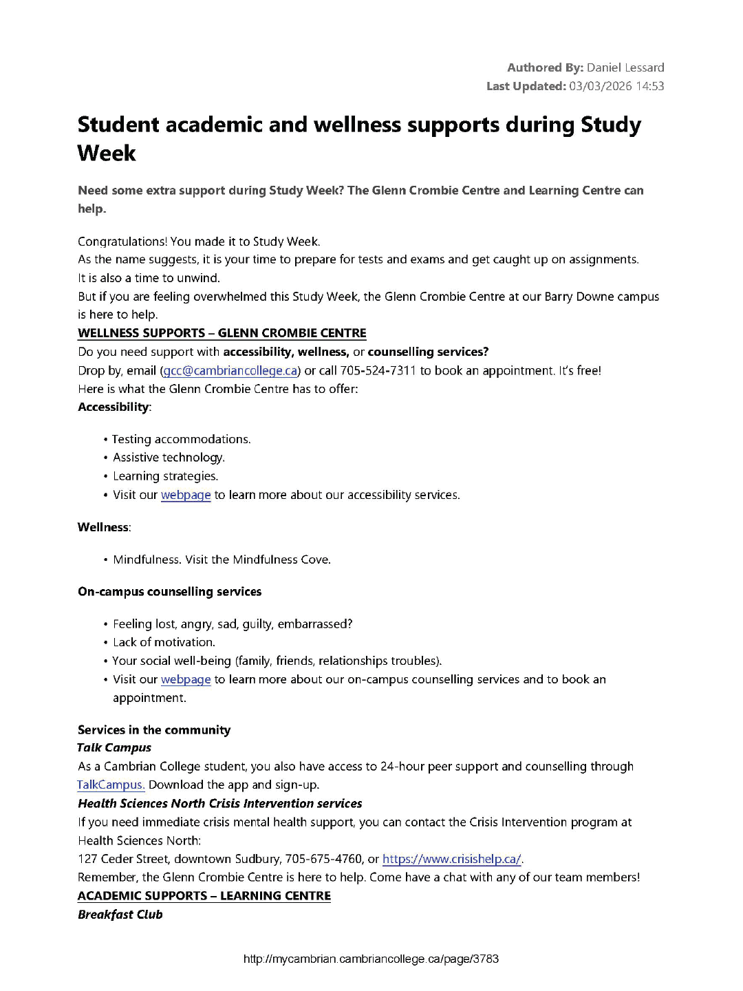 All-student announcement for wellness accommodations at the Glenn Crombie Centre