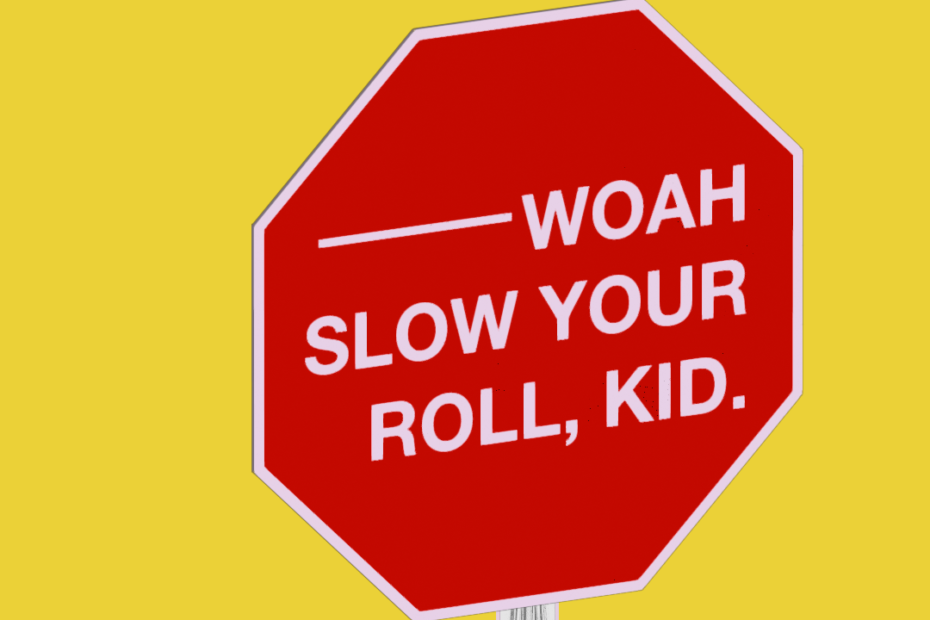 Stop sign with the text replaced with "Whoa! Slow your roll, kid."