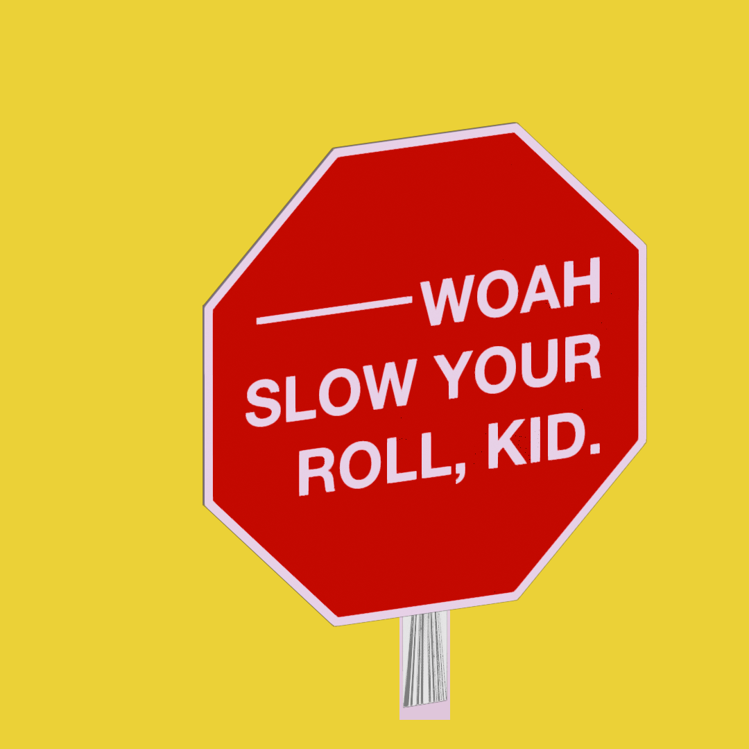 Stop sign with the text replaced with "Whoa! Slow your roll, kid."